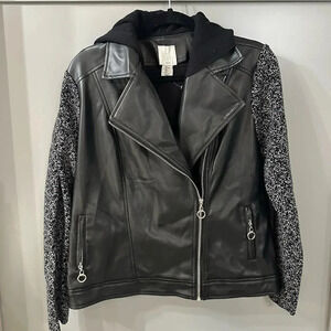 NWOT Joie Hooded Faux Vegan Leather Moto Biker Jacket Size Large Mixed Media
